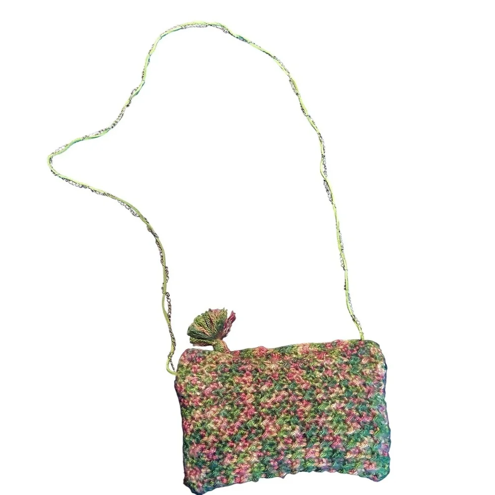 Handmade Crochet Crossbody Bag Multi‎ Color Pink Green Boho Tassel Chain Strap